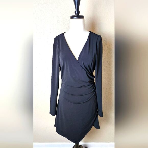 Cinq A Sept Coralie Deep V Neck Mini Dress Long Sleeve Black Size L - Picture 4 of 8